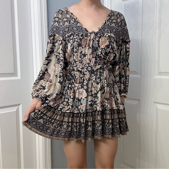 Spell Mini Dress Long Sleeve Boho Gray Floral Playdress Hippie Desert Size Small - Picture 9 of 9